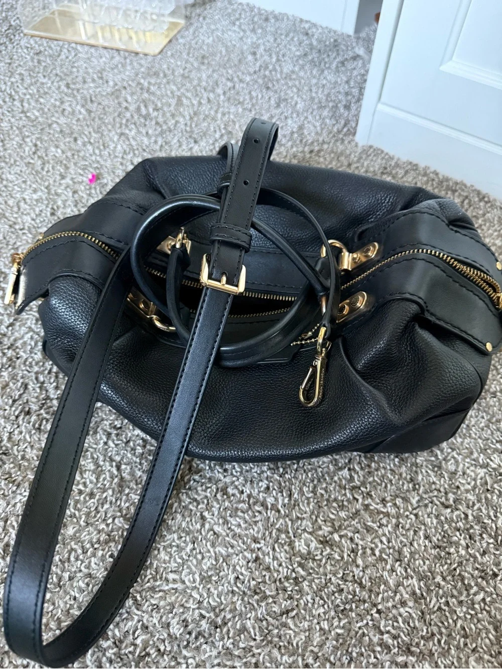 Coach Lane Satchel Black Pebbled Leather Satchel with Gold Hardware